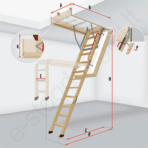 Fakro laiptai LTK ENERGY 70x140 h=2,8m mediniai, ŠILTI, U=0,68 W/m²K